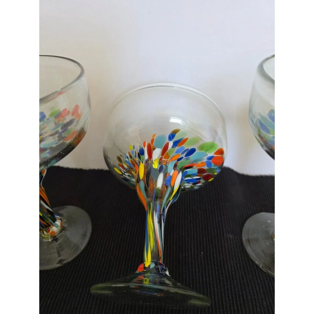 Set of 3 Hand Blown Mexican Margarita Glasses with Colorful Confetti Swirl Stems